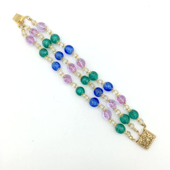 GIVRE glass bead vintage bracelet - 3-strand knotted gold-tone caps fancy clasp - Picture 5 of 8